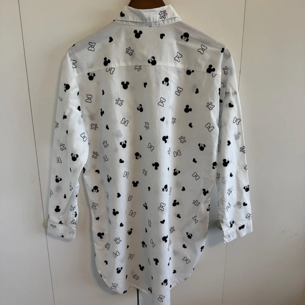 Disney Mickey Minnie Mouse Sleep Shirt White Cotton Button Down Medium - Picture 2 of 3